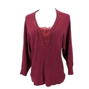 Vintage Burgundy Ribbed Knit Tunic Sweater Lace Inset Deep V Neck Boho XL